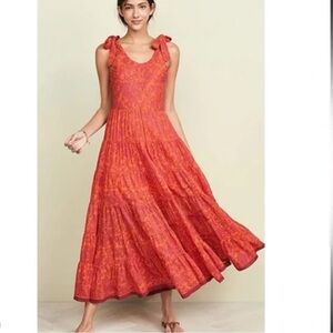 Free People Tiered Maxi Dress with Bow Tie Straps in Red Floral